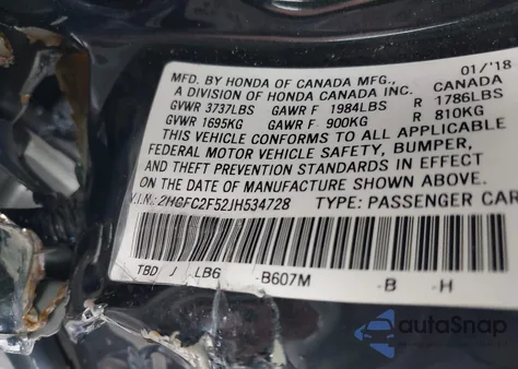 2018 Honda Civic Lx z USA, uszkodzony, nr VIN 2HGFC2F52JH534728